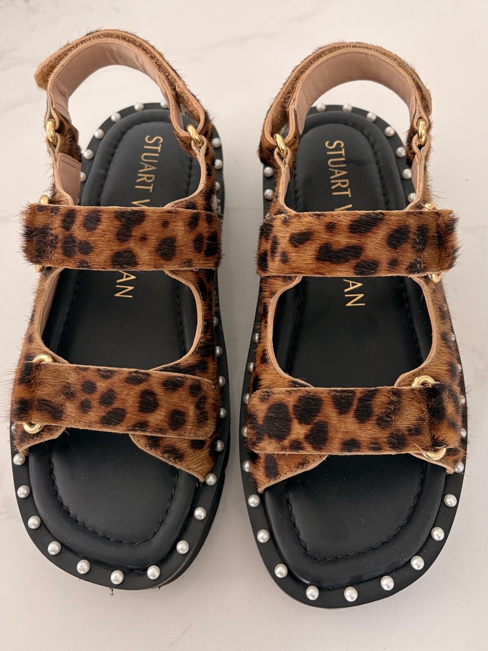 STUART WEITZMAN ZOE LIFT HAIRCALF strap SANDAL  Leopard Print Velvet 5
